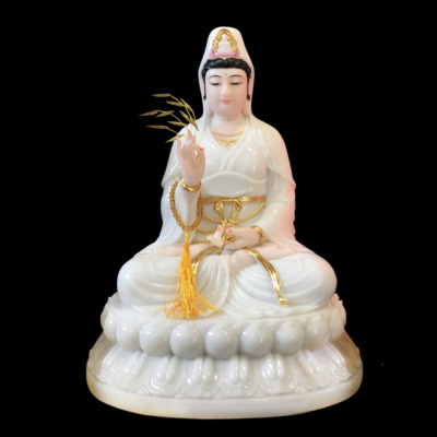 Tượng Mẹ Quan Thế Âm Ngồi, Bột Đá Ngọc Hán Bạch, Cao 48cm