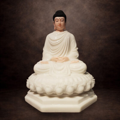 Tượng Thích Ca Tĩnh Tâm Ngồi Đài Sen Đế Bát Giác Mầu Trắng Da Hồng Bằng Bột Đá, Cao 48cm/88cm