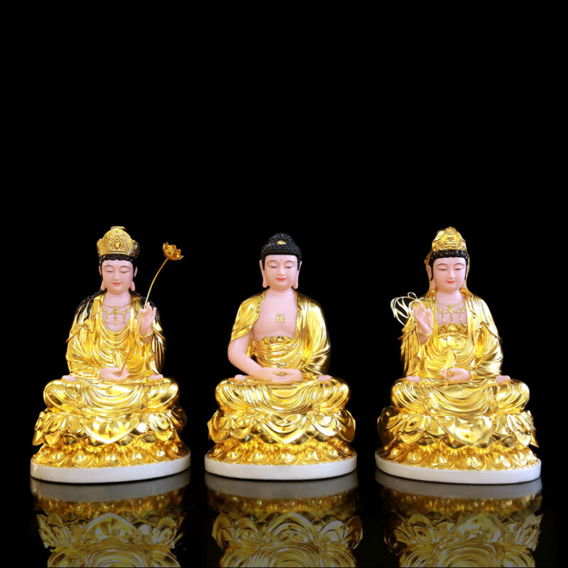 Bộ Tượng Tây Phương Tam Thánh Ngồi, Bột Đá Hồng Dát Vàng, Cao 48cm