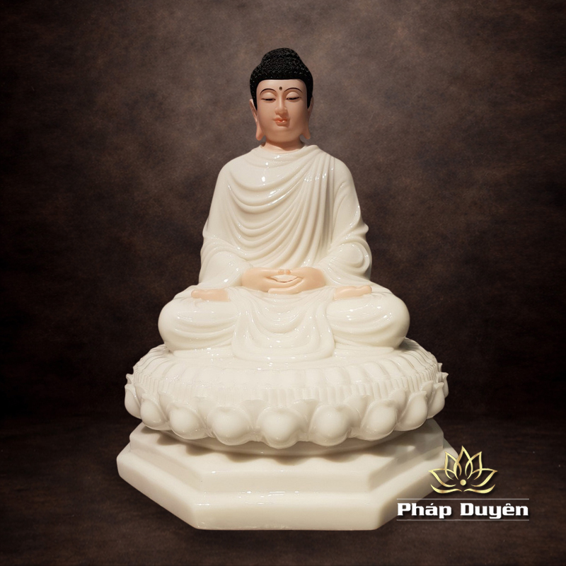 Tượng Thích Ca Tĩnh Tâm Ngồi Đài Sen Đế Bát Giác Mầu Trắng Da Hồng Bằng Bột Đá, Cao 48cm/88cm - ảnh 10