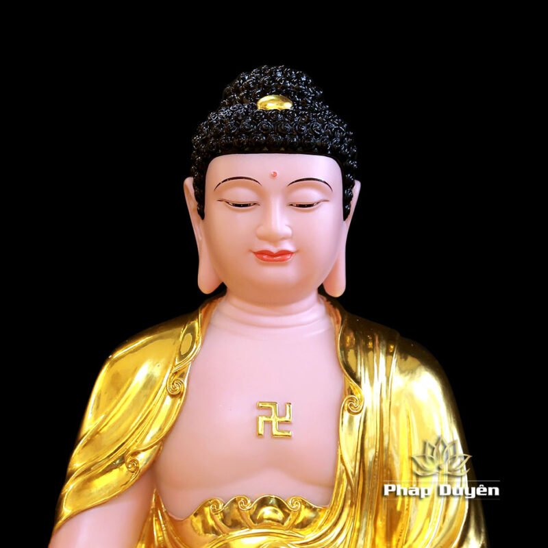 Bộ Tượng Tây Phương Tam Thánh Ngồi, Bột Đá Hồng Dát Vàng, Cao 48cm - Ảnh 3
