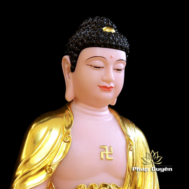 Bộ Tượng Tây Phương Tam Thánh Ngồi, Bột Đá Hồng Dát Vàng, Cao 48cm - Ảnh 4