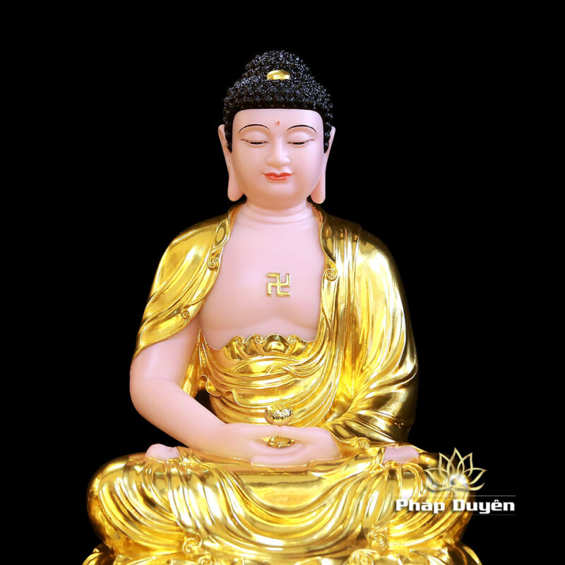 Bộ Tượng Tây Phương Tam Thánh Ngồi, Bột Đá Hồng Dát Vàng, Cao 48cm - Ảnh 5
