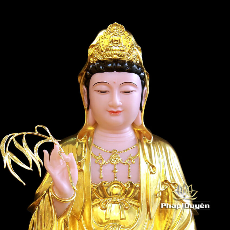 Bộ Tượng Tây Phương Tam Thánh Ngồi, Bột Đá Hồng Dát Vàng, Cao 48cm - Ảnh 8