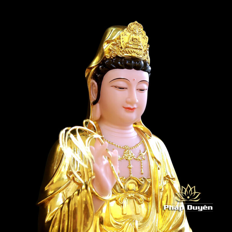Bộ Tượng Tây Phương Tam Thánh Ngồi, Bột Đá Hồng Dát Vàng, Cao 48cm - Ảnh 9