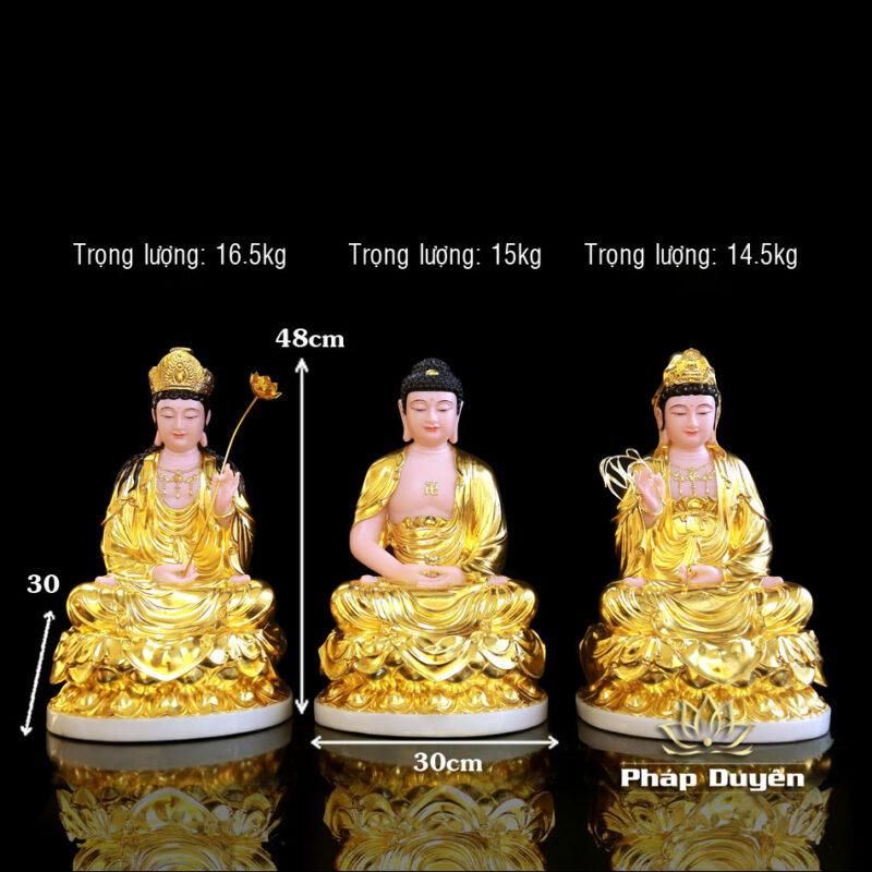 Bộ Tượng Tây Phương Tam Thánh Ngồi, Bột Đá Hồng Dát Vàng, Cao 48cm - Ảnh 17