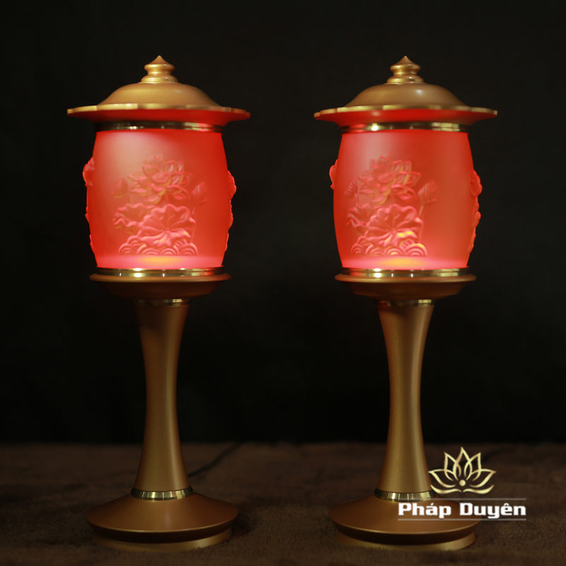 Đôi Đèn Thờ Lưu Ly Hòa Phong Chạm Hoa Sen Nổi Chân Đồng, Cao 38cm - Ảnh 7