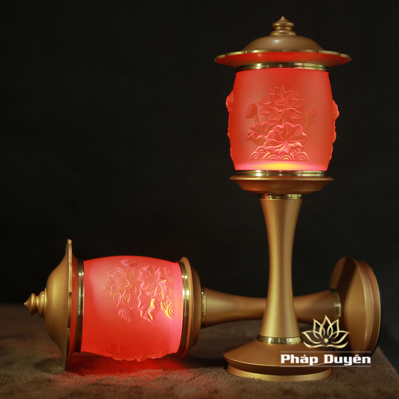 Đôi Đèn Thờ Lưu Ly Hòa Phong Chạm Hoa Sen Nổi Chân Đồng, Cao 38cm - Ảnh 9