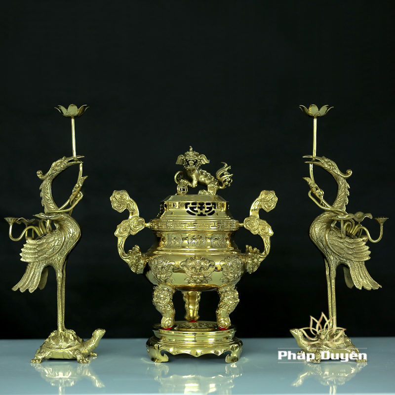 Bộ Đồ Thờ Tam Sự  Đỉnh Đồng Chạm Khắc Dơi Vàng Bóng, Cao 40cm, 50cm, 55cm, 60cm, 65cm - Ảnh 2