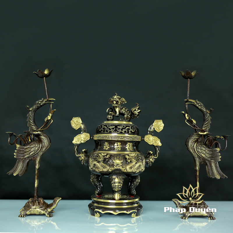 Bộ Đồ Thờ Tam Sự Đỉnh Đồng Chạm Khắc Rồng Viền Vàng Nổi, Cao 40cm, 50cm, 55cm, 60cm, 65cm, 70cm - Ảnh 2