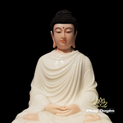 Alternative view of Tượng Thích Ca Tĩnh Tâm Ngồi Đài Sen Đế Bát Giác Mầu Trắng Da Hồng Bằng Bột Đá, Cao 48cm