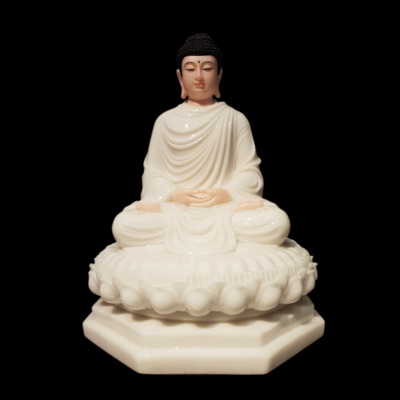 Tượng Thích Ca Tĩnh Tâm Ngồi Đài Sen Đế Bát Giác Mầu Trắng Da Hồng Bằng Bột Đá, Cao 48cm