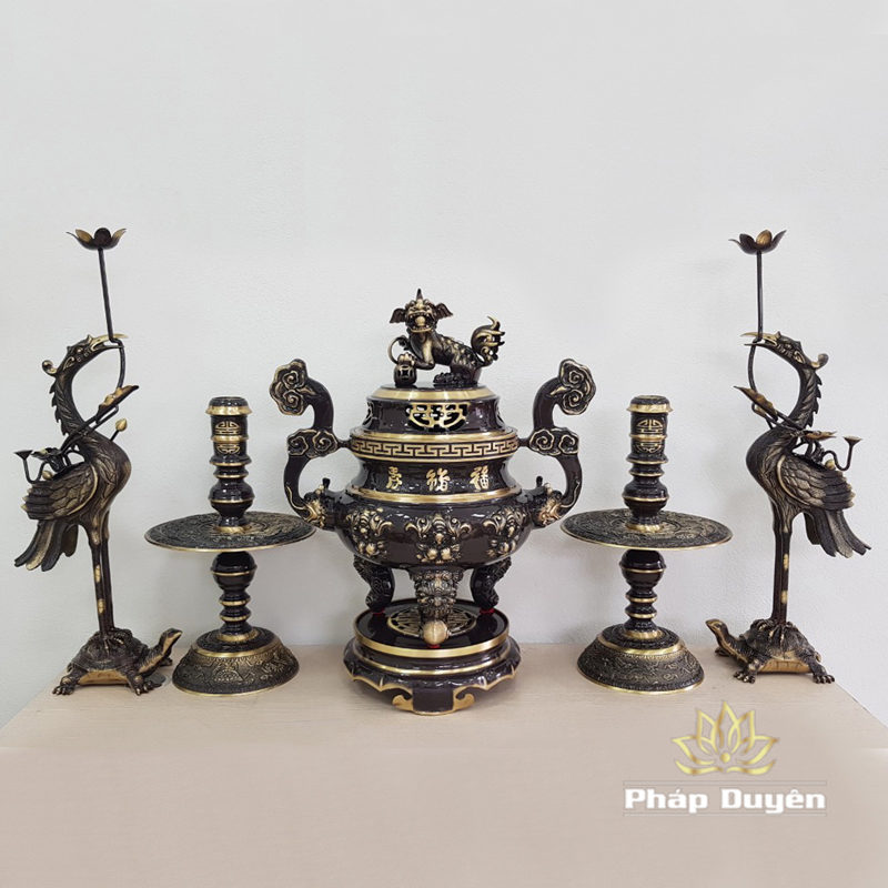 Bộ Đồ Thờ Ngũ Sự Đỉnh Đồng Chạm Khắc Dơi Viền Vàng Nổi, Cao 40cm, 50cm, 55cm, 60cm, 65cm - Ảnh 2