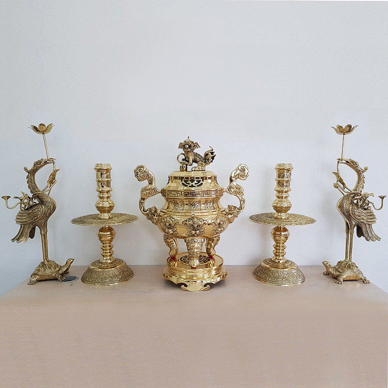 Bộ Đồ Thờ Ngũ Sự Đỉnh Đồng Chạm Khắc Dơi Vàng Bóng, Cao 40cm, 50cm, 55cm, 60cm, 65cm