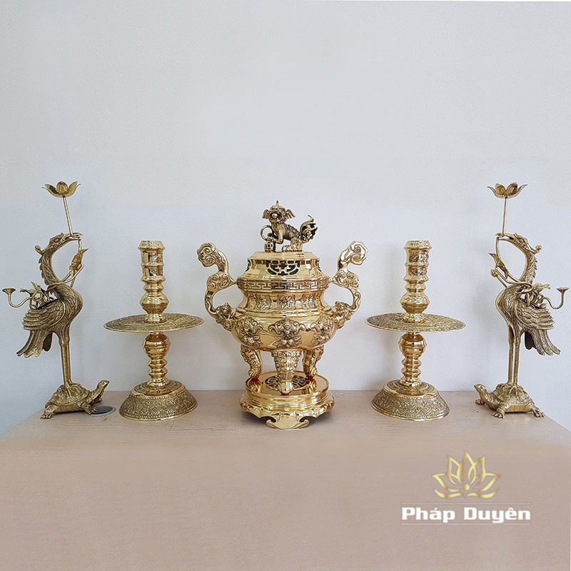 Bộ Đồ Thờ Ngũ Sự Đỉnh Đồng Chạm Khắc Dơi Vàng Bóng, Cao 40cm, 50cm, 55cm, 60cm, 65cm - Ảnh 2