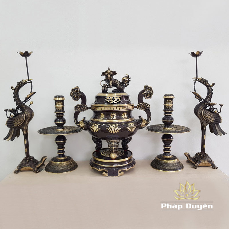 Bộ Ngũ Sự Đỉnh Đồng Chạm Khắc Sòi Viền Vàng Nổi, Cao 40cm, 50cm, 55cm, 60cm, 65cm - Ảnh 2