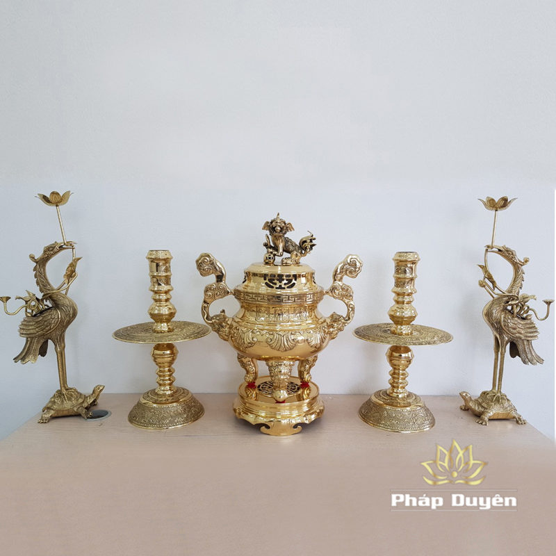 Bộ Đồ Thờ Ngũ Sự Đỉnh Đồng Chạm Khắc Sòi Vàng Bóng, Cao 40cm | 50cm | 55cm | 60cm | 65cm - Ảnh 2