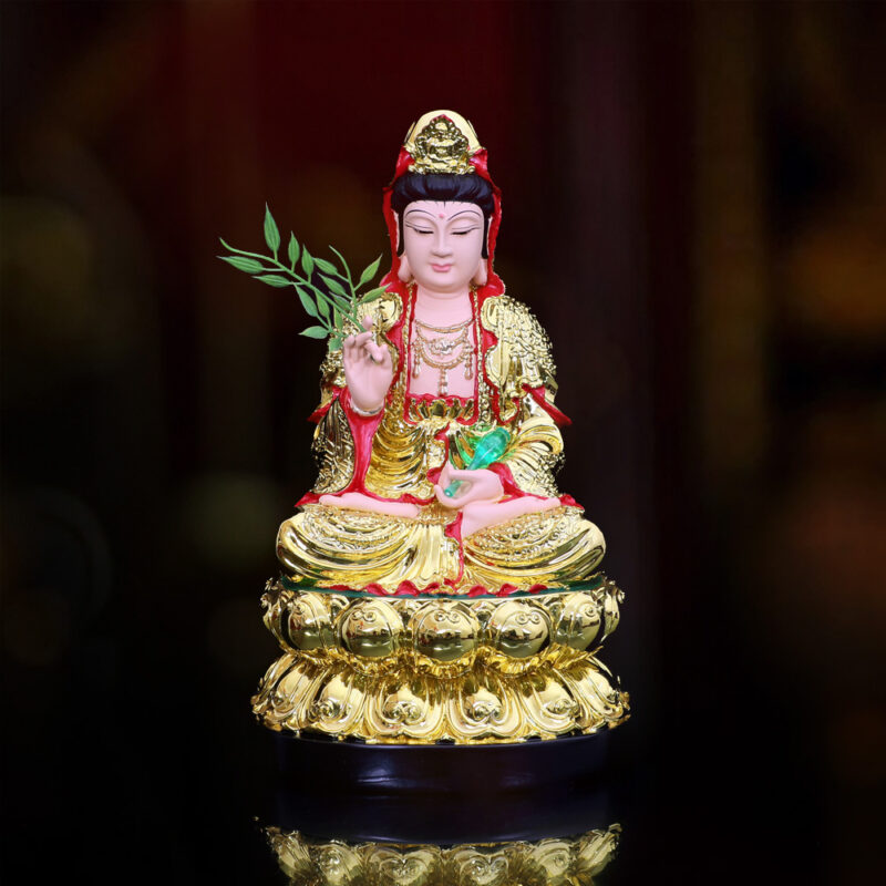 Tượng Quán Thế Âm Bồ Tát Ngồi Áo Vàng Đỏ, Chất Liệu Composite, Cao 30cm