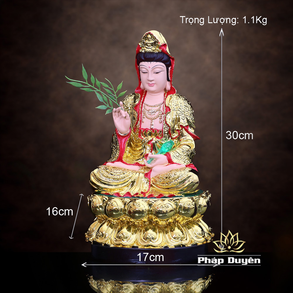 Tượng Quán Thế Âm Bồ Tát Ngồi Áo Vàng Đỏ, Chất Liệu Composite, Cao 30cm - ảnh 10