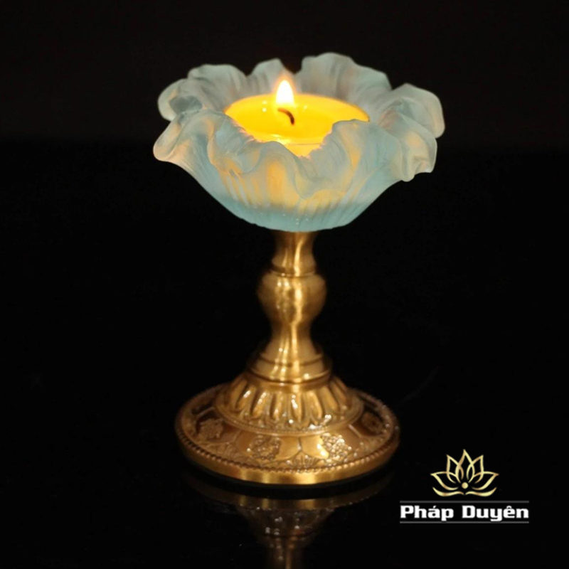 Bộ Đế Nến - Chân Đèn Cầy Hợp Hà Lưu Ly Hình Hoa Chân Đồng, Cao 8.6cm - Ảnh 3