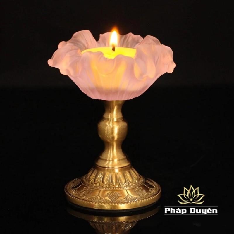 Bộ Đế Nến - Chân Đèn Cầy Hợp Hà Lưu Ly Hình Hoa Chân Đồng, Cao 8.6cm - Ảnh 7