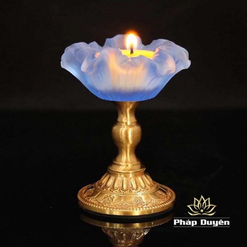 Bộ Đế Nến - Chân Đèn Cầy Hợp Hà Lưu Ly Hình Hoa Chân Đồng, Cao 8.6cm - Ảnh 6