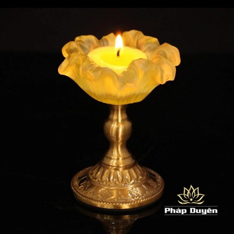 Bộ Đế Nến - Chân Đèn Cầy Hợp Hà Lưu Ly Hình Hoa Chân Đồng, Cao 8.6cm - Ảnh 4