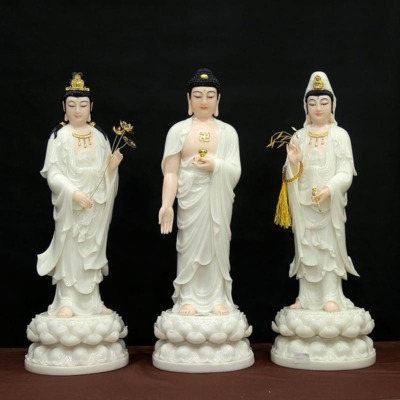 Bộ Tượng Tây Phương Tam Thánh Đứng, Bột Đá Trắng Da Hồng, Cao 66cm