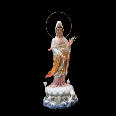 Tượng Quan Âm Tự Tại Đứng Trên Đài Sen Bằng Bột Đá, Cao 153cm (Tổng Hào Quang 170cm)