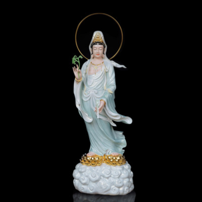 Tượng Quan Âm Tự Tại Đứng Trên Hoa Sen Vàng Bằng Bột Đá, Cao 216cm (Tổng Hào Quang 255cm)