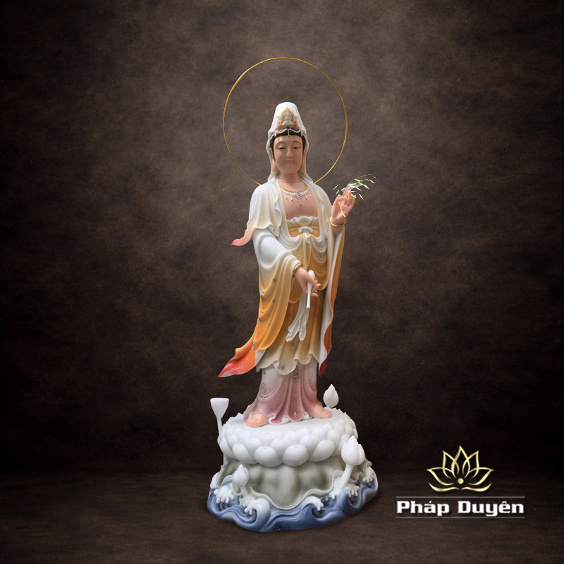 Tượng Quan Âm Tự Tại Đứng Trên Đài Sen Bằng Bột Đá, Cao 153cm (Tổng Hào Quang 170cm) - ảnh 5