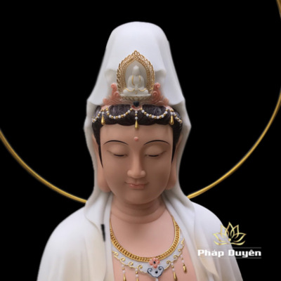Alternative view of Tượng Quan Âm Tự Tại Đứng Trên Đài Sen Bằng Bột Đá, Cao 153cm (Tổng Hào Quang 170cm)