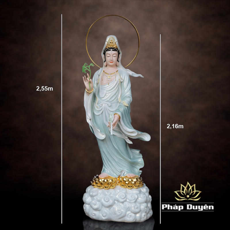 Tượng Quan Âm Tự Tại Đứng Trên Hoa Sen Vàng Bằng Bột Đá, Cao 216cm (Tổng Hào Quang 255cm) - ảnh 9