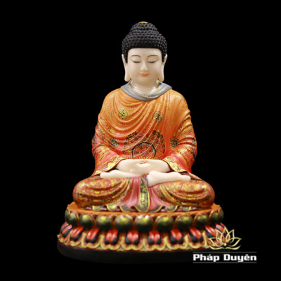 Tượng Đức Bổn Sư Thích Ca Mâu Ni Ngồi Đài Sen Vẽ Gấm Đỏ Bằng Bột Đá, Cao 40cm