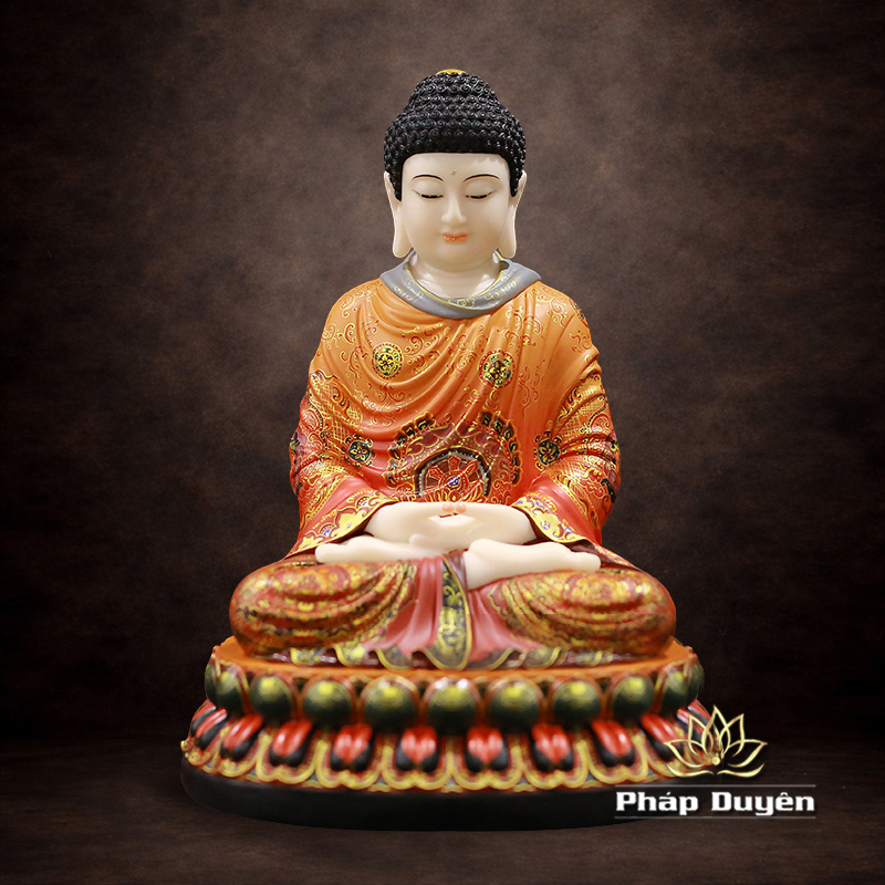 Tượng Đức Bổn Sư Thích Ca Mâu Ni Ngồi Đài Sen Vẽ Gấm Đỏ Bằng Bột Đá, Cao 40cm - ảnh 12
