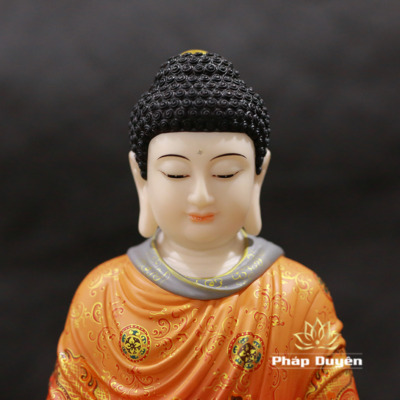 Alternative view of Tượng Đức Bổn Sư Thích Ca Mâu Ni Ngồi Đài Sen Vẽ Gấm Đỏ Bằng Bột Đá, Cao 40cm