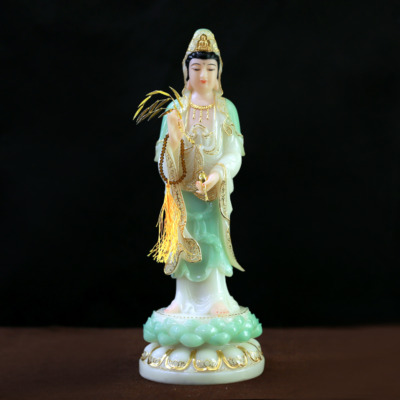 Tượng Quan Âm Đứng Đài Sen, Bột Đá Xanh Trắng Viền Vàng, Cao 40cm