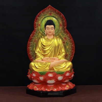 Tượng Ngài Bổn Sư Thích Ca Ngồi Đài Sen Đế Lục Giác Bằng Composite, Cao 80cm (Tổng Lá Đề 100cm)