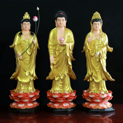 Bộ Tượng Tây Phương Tam Thánh Đứng Đài Sen Đế Bát Giác, Chất Liệu Composite, Cao 80cm