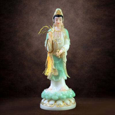 Tượng Quan Âm Đứng Đài Sen, Bột Đá Xanh Trắng Viền Vàng, Cao 40cm