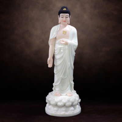 Tượng Phật A Di Đà Đứng Đài Sen, Bột Đá Trắng Da Hồng, Cao 66cm