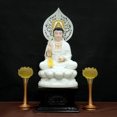 Tượng Đức Quan Âm Ngồi Bột Đá Hồng Có hào Quang, Cao 48cm (Tổng 60cm)