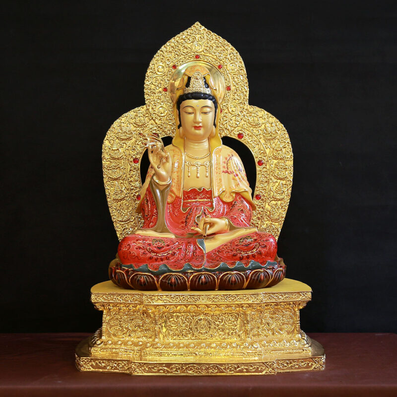 Tượng Quan Âm Ngồi Đài Sen, Đế Vuông, Bằng Đồng Mạ Vàng, Cao 48cm (Tổng Lá Đề 58cm)