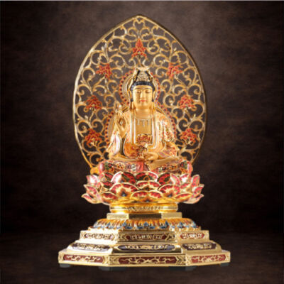 Tượng Quan Âm Ngồi Đài Sen, Đế Bát Giác, Bằng Đồng Mạ Vàng, Cao Tổng Lá Đề 61cm