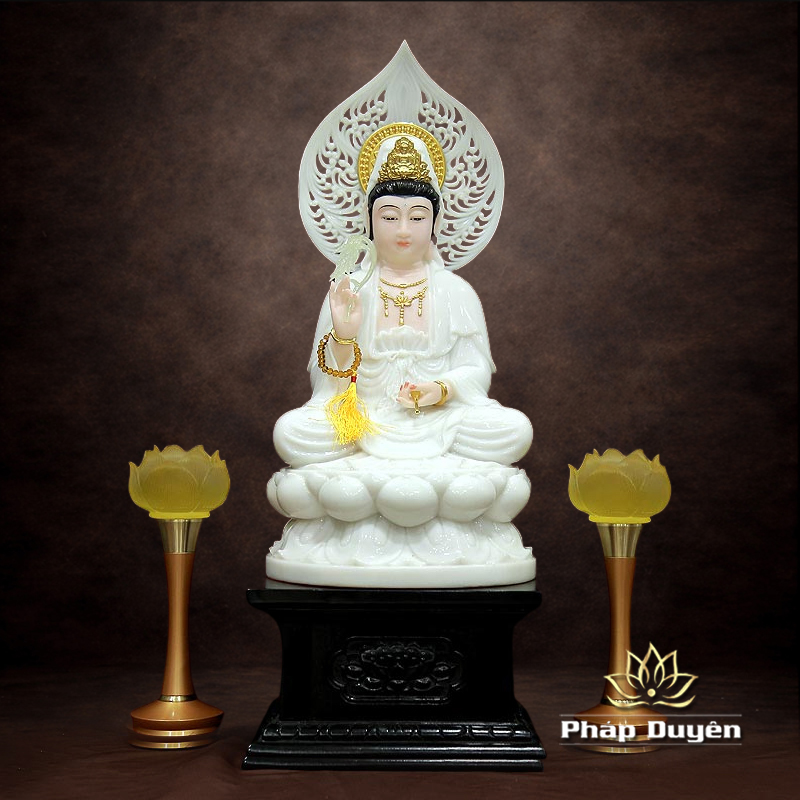 Tượng Đức Quan Âm Ngồi Bột Đá Hồng Có hào Quang, Cao 48cm (Tổng 60cm) - ảnh 5