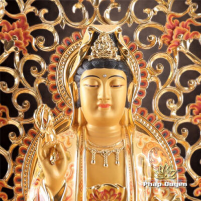 Ảnh chi tiết của Tượng Quan Âm Ngồi Đài Sen, Đế Bát Giác, Bằng Đồng Mạ Vàng, Cao Tổng Lá Đề 61cm