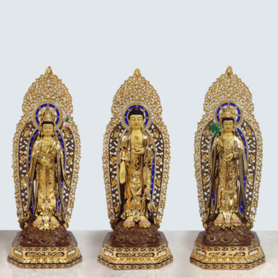 Bộ Tượng Tây Phương Tam Thánh Đứng, Bằng Đồng, Cao 68cm (Tổng Lá Đề 84cm)