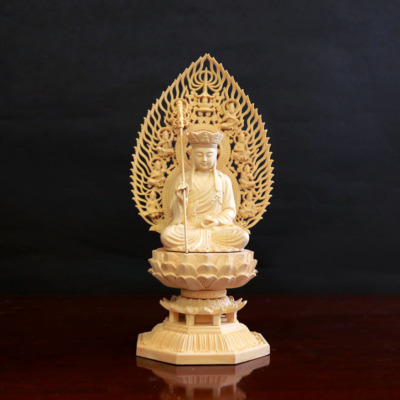 Tượng Đức Địa Tạng Vương Bằng Gỗ Bách, Cao 28cm  (Cả Lá Đề)