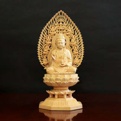 Tượng Đức Quán Thế Âm Bằng Gỗ Bách, Cao 28cm (Cả Lá Đề)