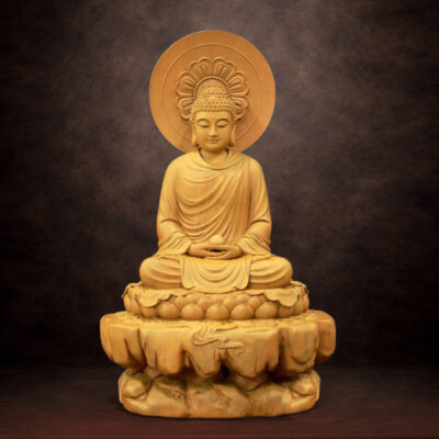 Tượng Phật Thích Ca Ngồi Non Nước Bằng Gỗ Nguyên Màu Có Hào Quang Nhỏ, Cao 48cm (Tổng Hào Quang 58cm)